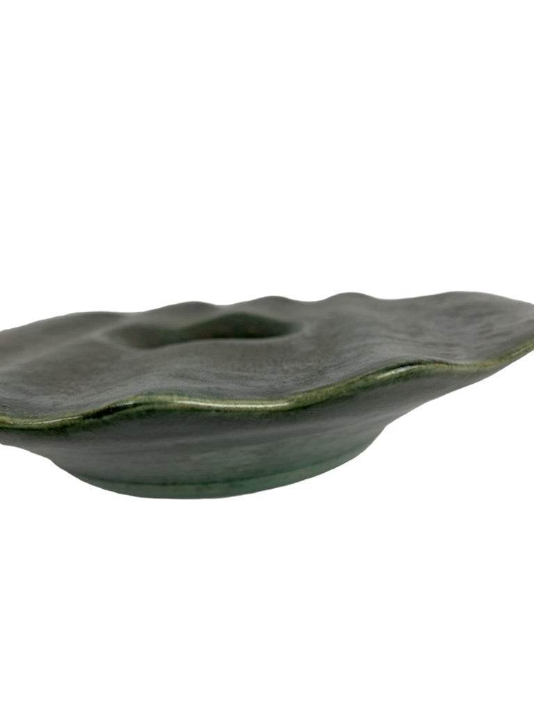 Signed Art Pottery Green Frog Speckled Glaze Lilypad Design