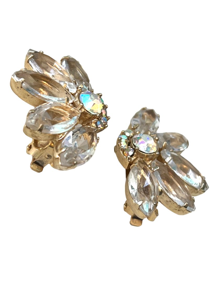 Vintage Rhinestone Glass Clip On Earrings Evening Formal Elegant Goldtone