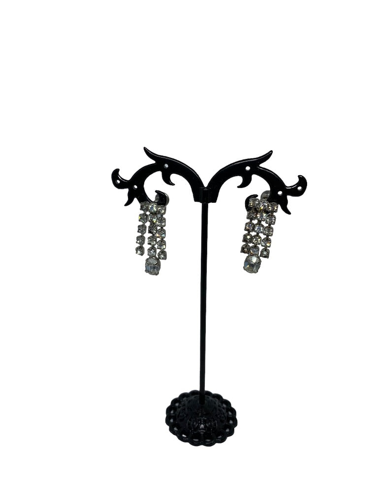 Vintage Rhinestone Earrings 3 Strand Dangle 1" Drop Screwback Non-Pierced