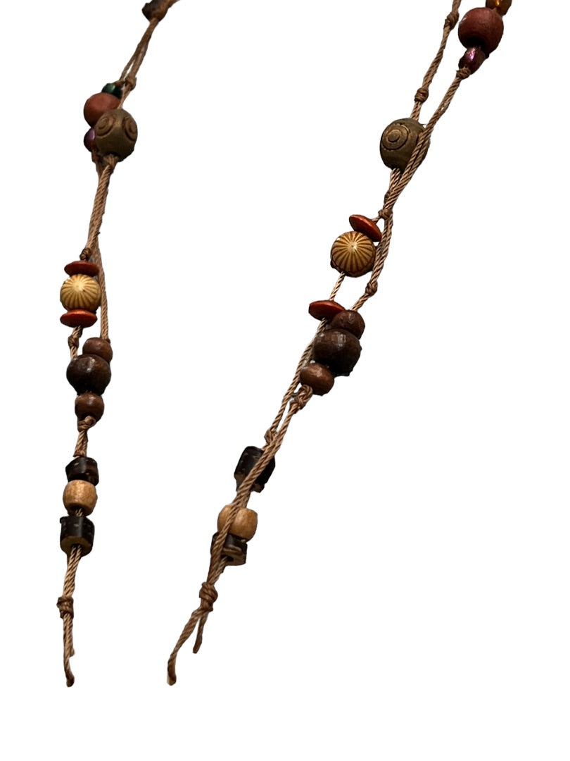 Boho Natural Wood Beaded Necklace Shell Pendant Beaded Tassels