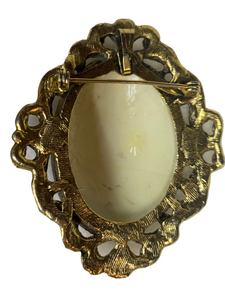 Vintage Goldtone Eggshell Brooch Pendant Rose Overaly 2.5"