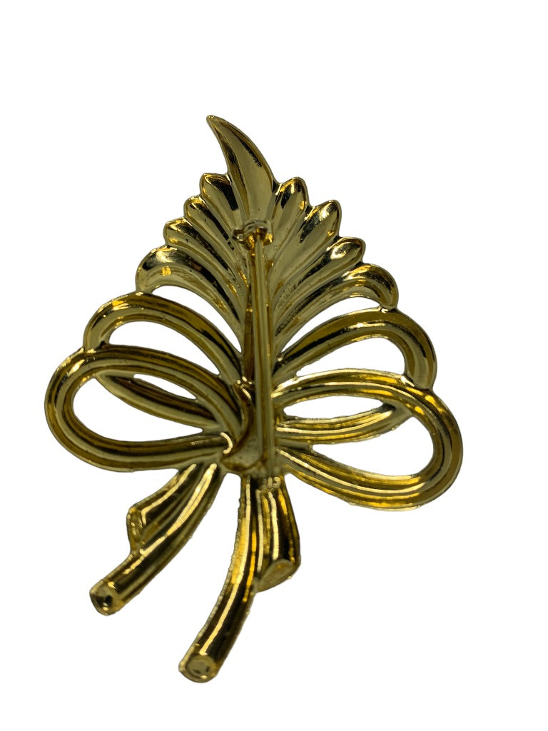 Vintage Goldtone Brooch Leaf Bouquet Bow 2 1/4"h Statement