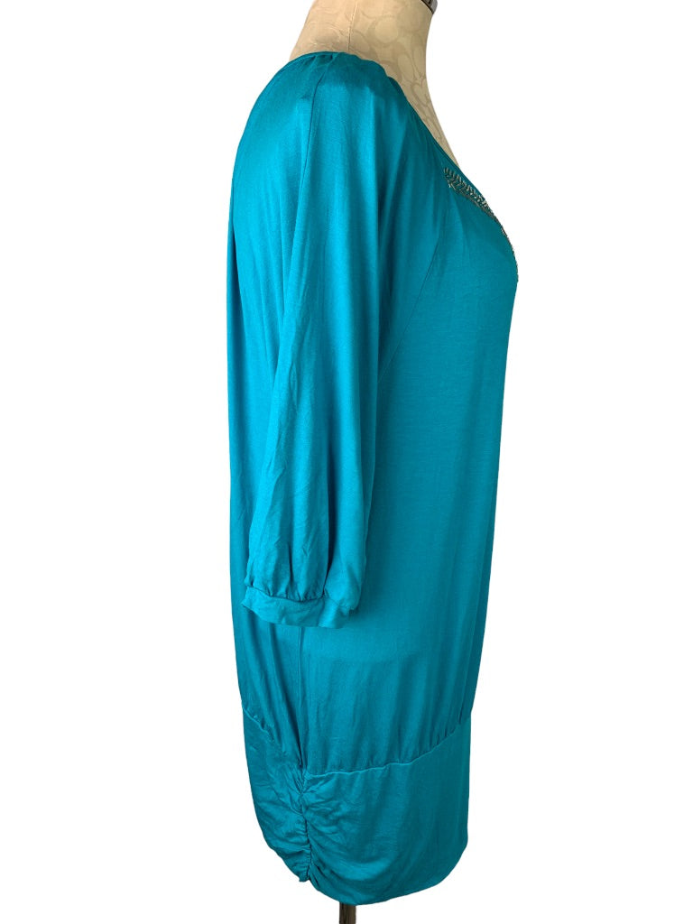 14 Lane Bryant Teal Beaded Neckline Soft 3/4 Sleeve Blouson Jersey Knit Top