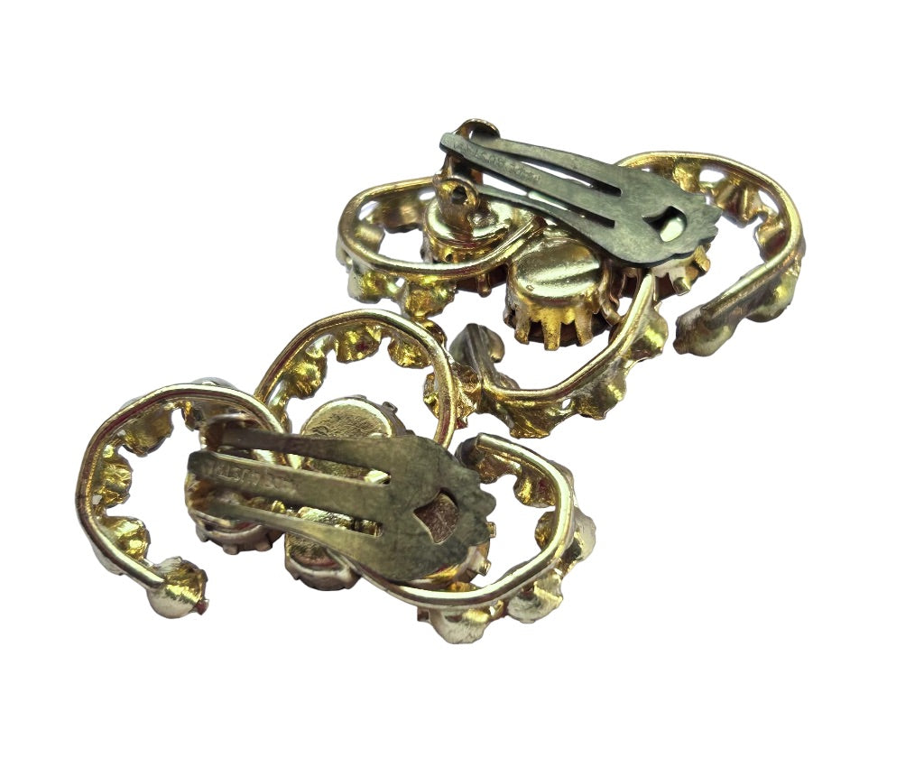 Vintage Austrian Crystal Clip On Non-Pierced Earrings Goldtone 1 3/8" Sparkly