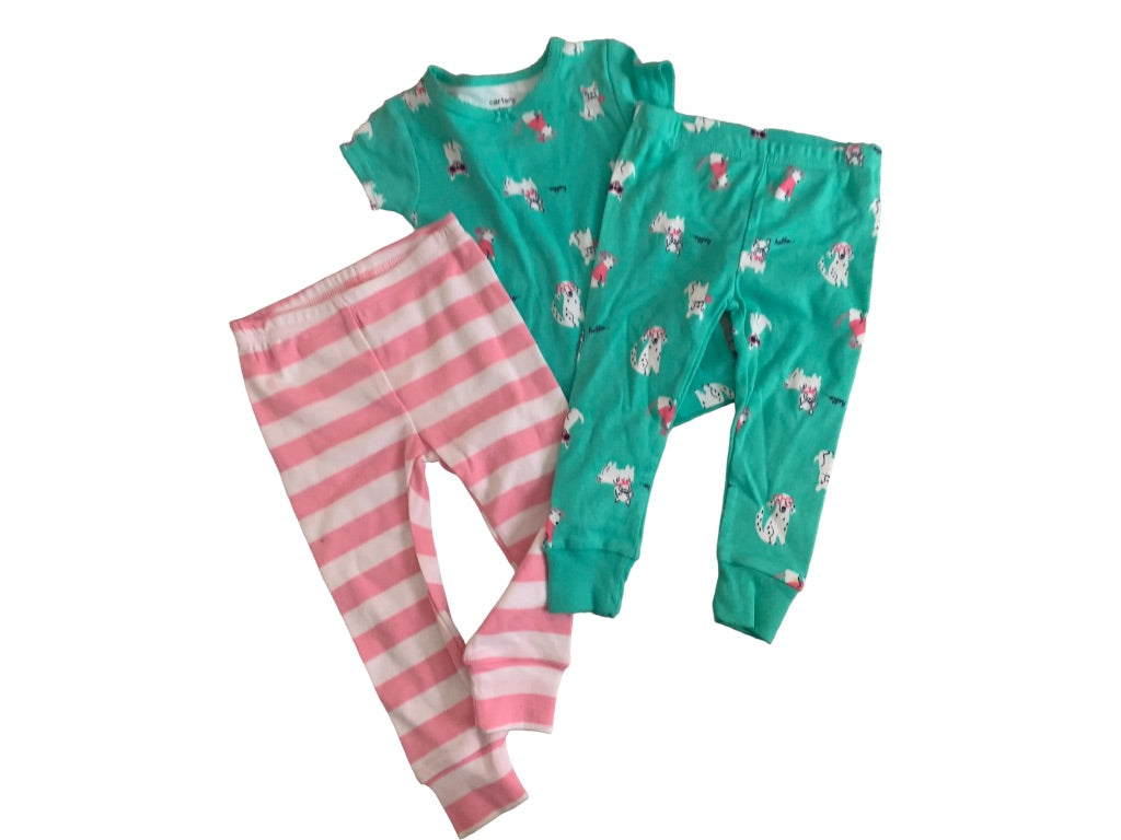 12 Months Carter's New Girls 3 piece Pajama PJ Set Green Pink Stripe Dog Print Short Sleeve Pants