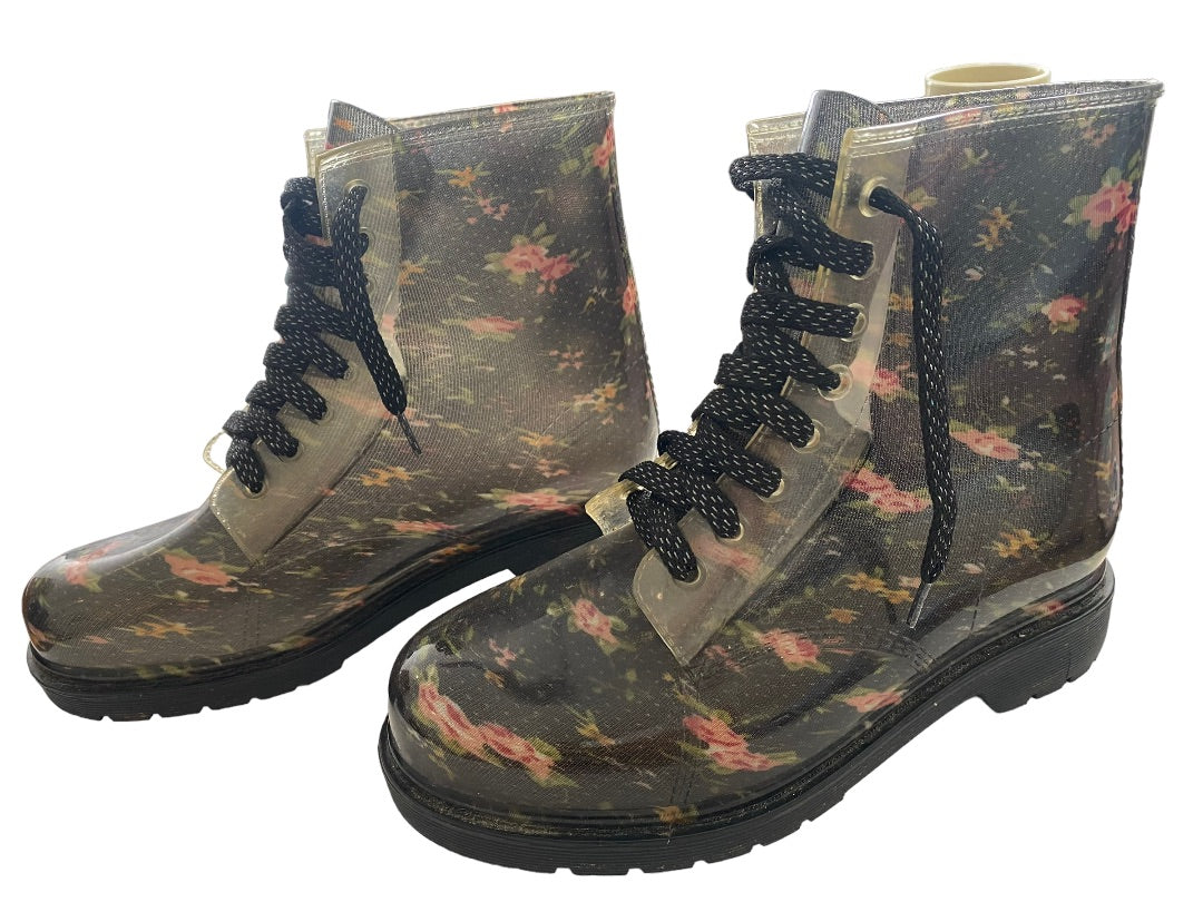 8 Bongo Floral Lace Up Lug Sole Boots Clear Rubber Coating
