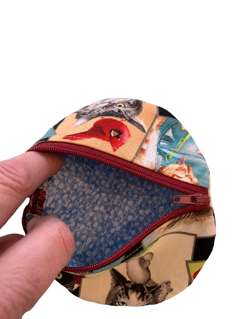 Cat Theme Fabric Keyring Change Purse Zip 5.5" Diameter