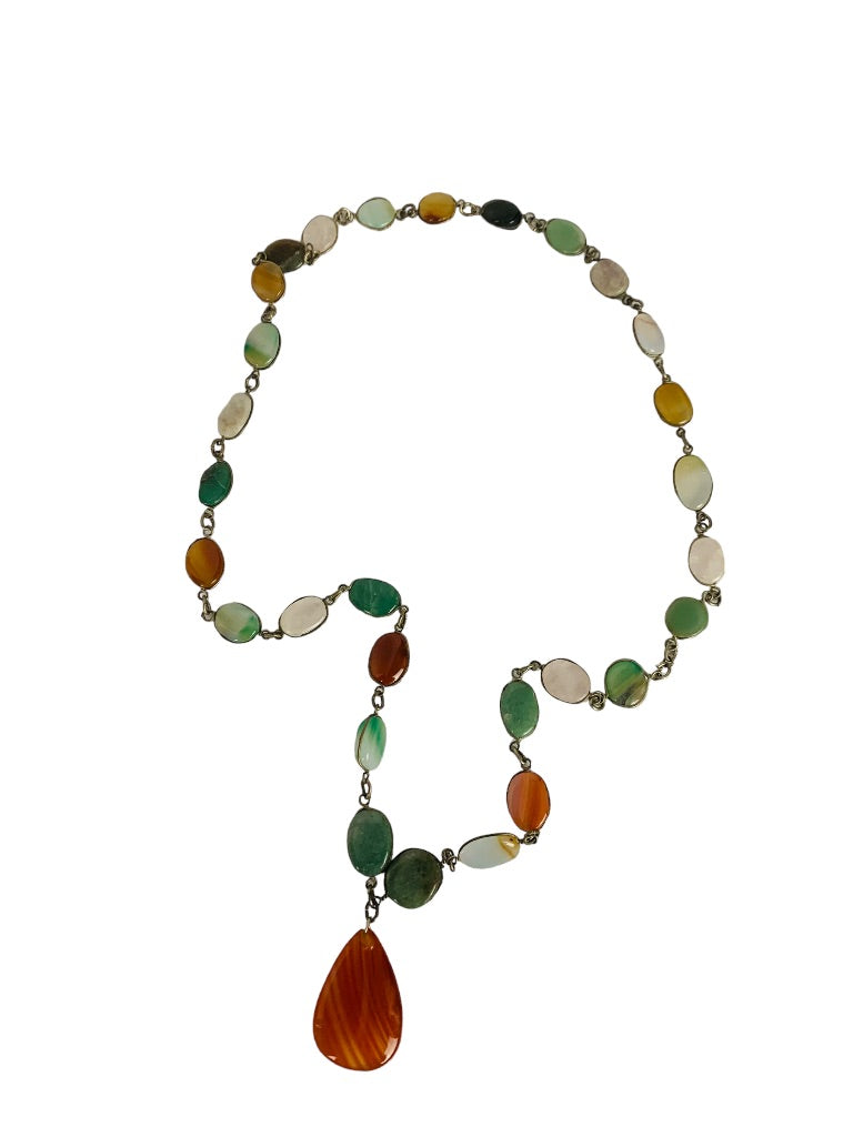 Vintage 28" StoneSilvertone Necklace Overhead Orange Green Natural Stone