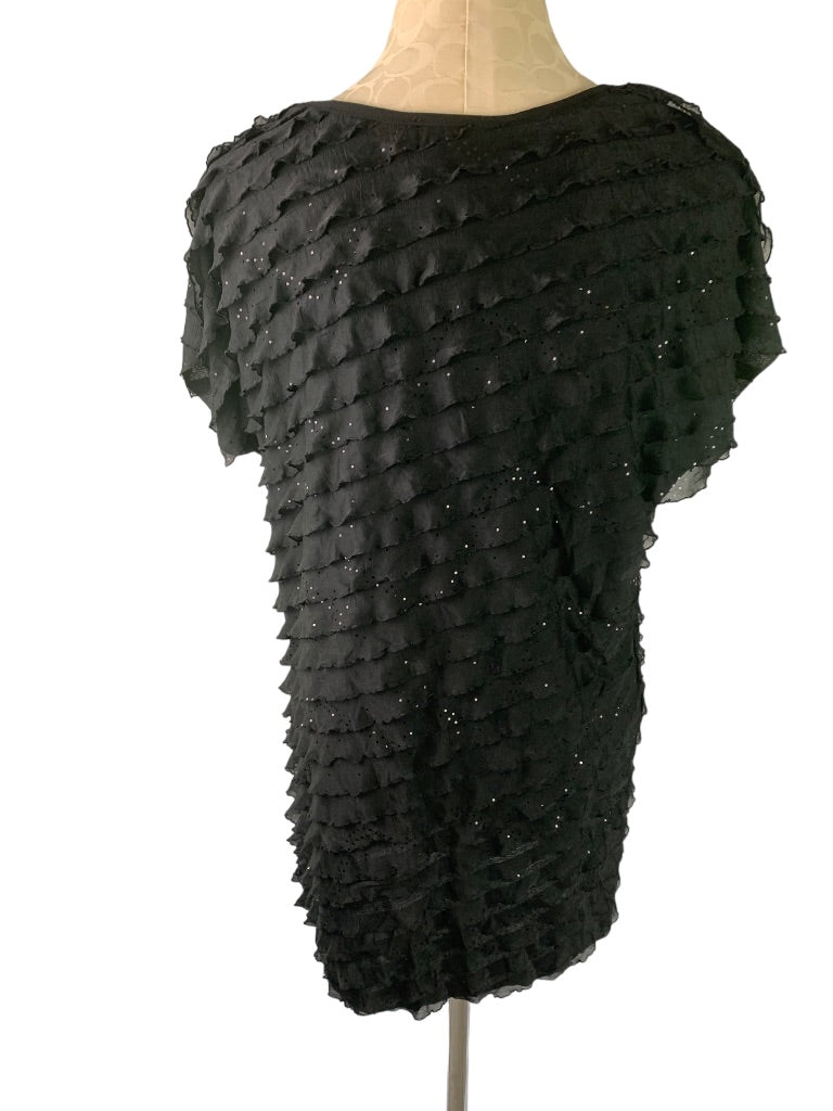 Large Antthony Women's New Black Short Sleeve Ruffle Sparkle Pullover Blouse