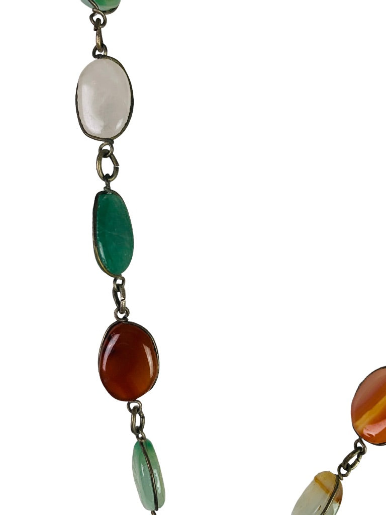 Vintage 28" StoneSilvertone Necklace Overhead Orange Green Natural Stone