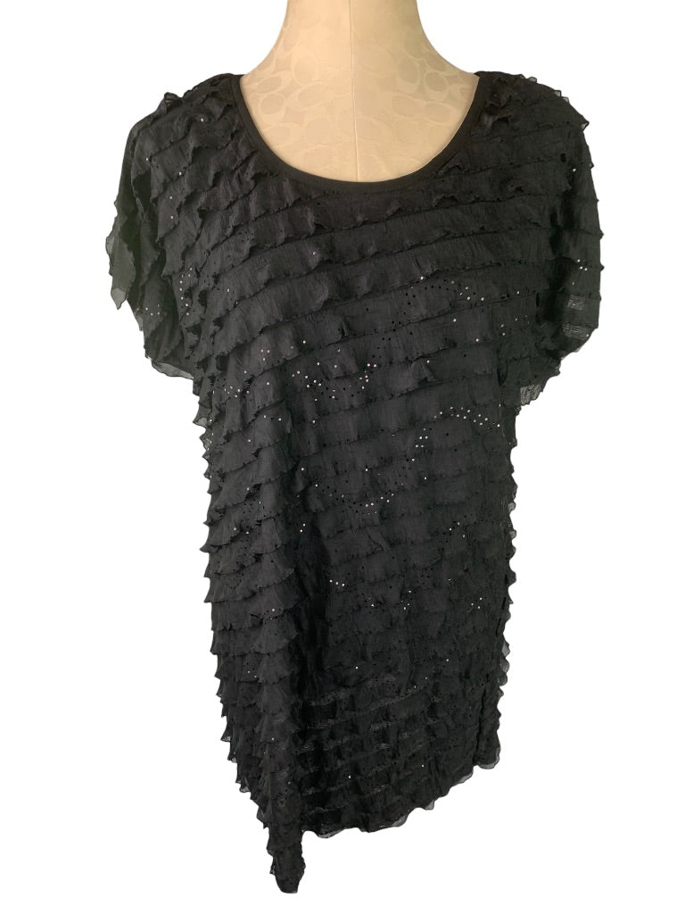 Large Antthony Women's New Black Short Sleeve Ruffle Sparkle Pullover Blouse