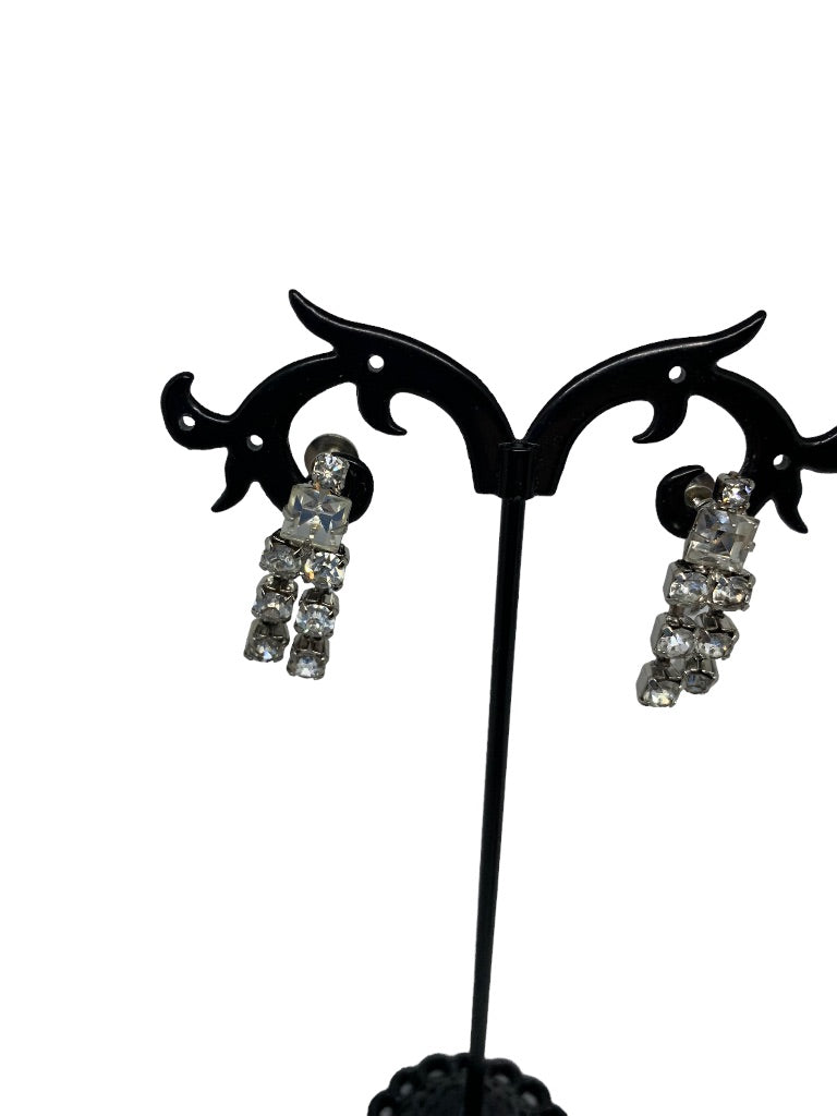 Vintage Signed Coro Rhinestone Non-Pierced Screwback Earrings 2" Drop Double Strand