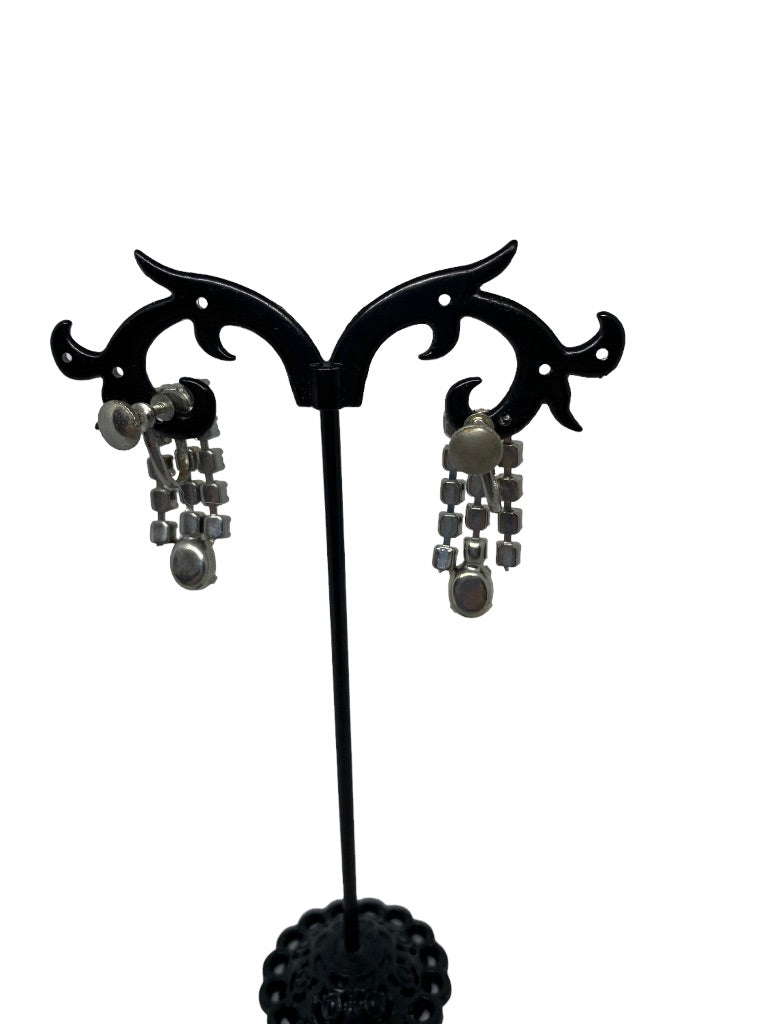 Vintage Rhinestone Earrings 3 Strand Dangle 1" Drop Screwback Non-Pierced