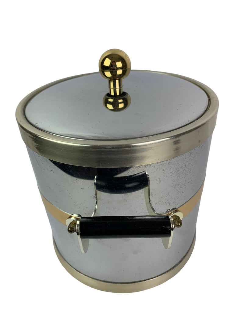 Vintage Chrome Ice Bucket Handled with Plastic Insert Gold Trim