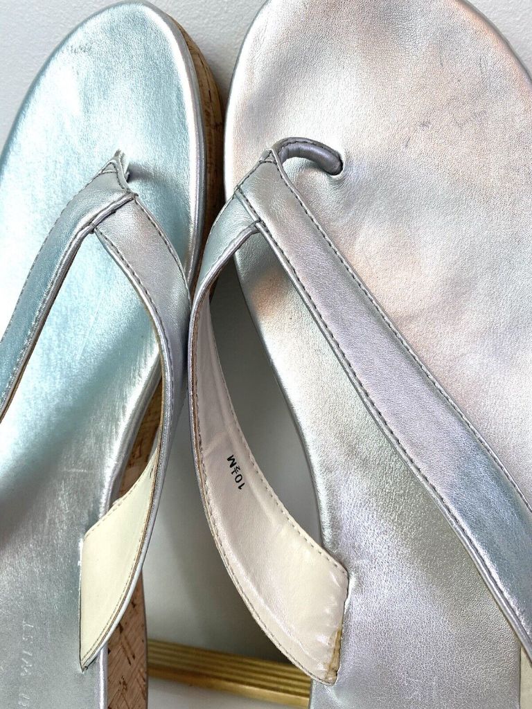 10.5 Nine West Silver Thong Sandal Flip Flop Cork Sole Women's