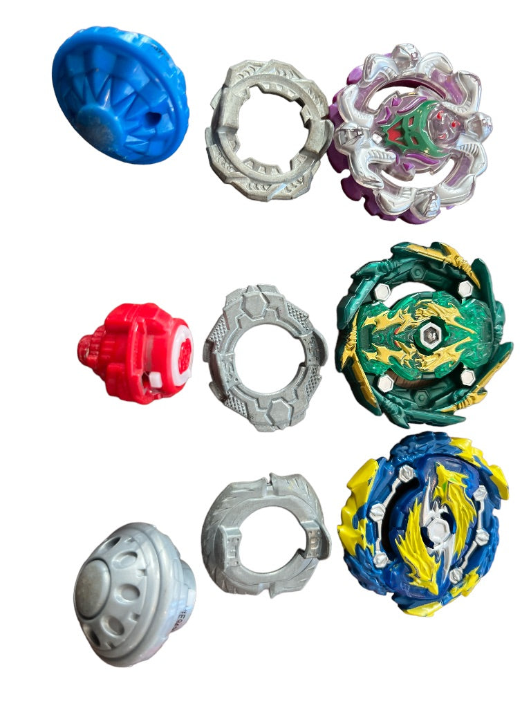 Three Beyblade Tops with 2 Plastic Launchers Hyper Sphere Infinty, Shock Typhon T4 and Bushan Ashura Hurricane