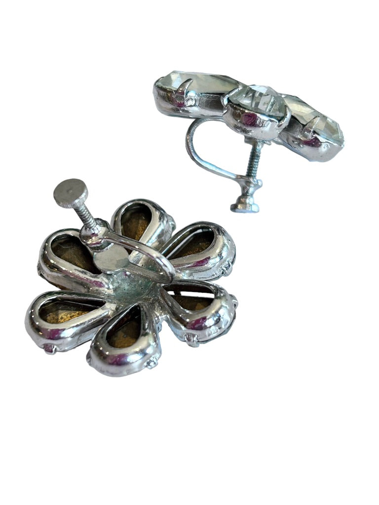 Vintage Screwback Non-Pierced Earrings Clear Crystal Flower 1 1/8" Diameter