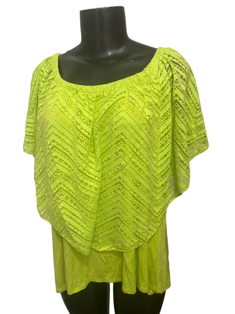 18/20 Avenue Women's Neon Green Burnout Shirt Lined Off Shoulder