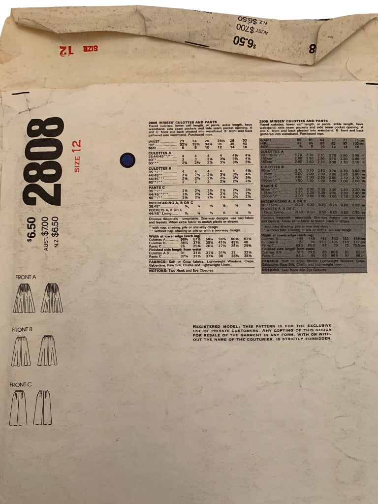 Vogue Perry Ellis Vintage Uncut Sewing Pattern 2808 Size 12