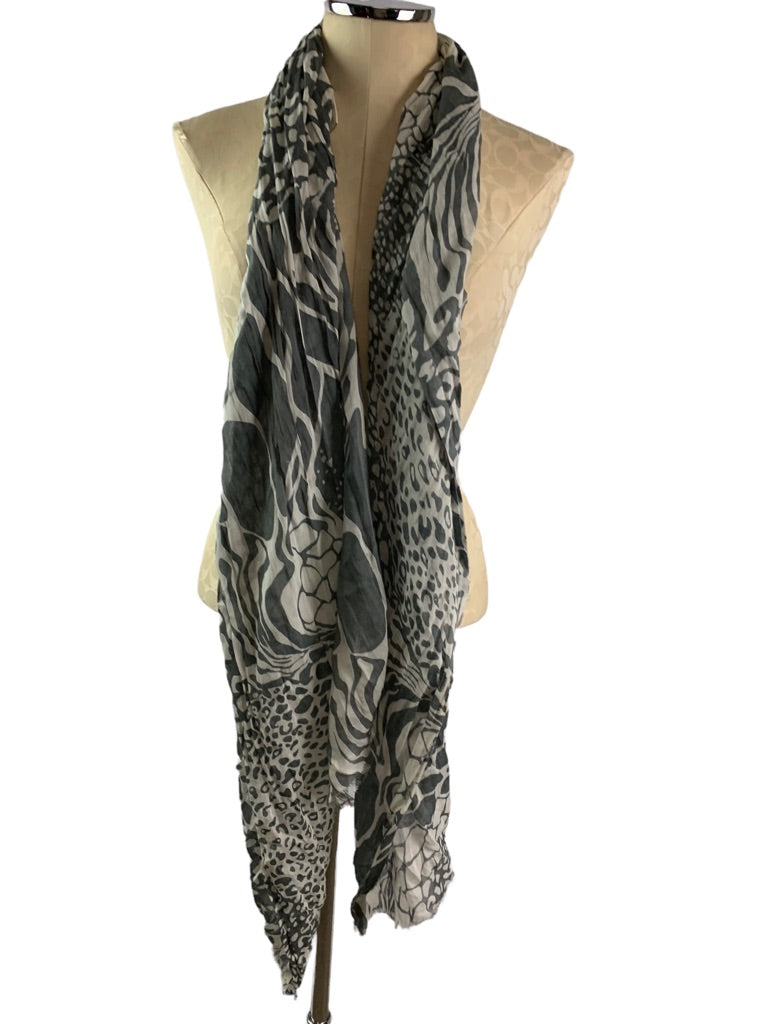 Chico's Lightweight Rayon Gray Mixed Animal Print Scarf Raw Edge 30" x 70"