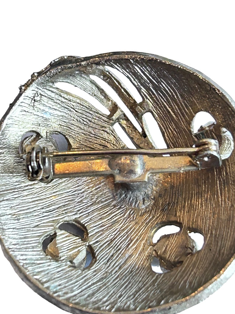 Round Brushed Goldtone Brooch 1 5/8"d with Faux Pearls Abstract Design