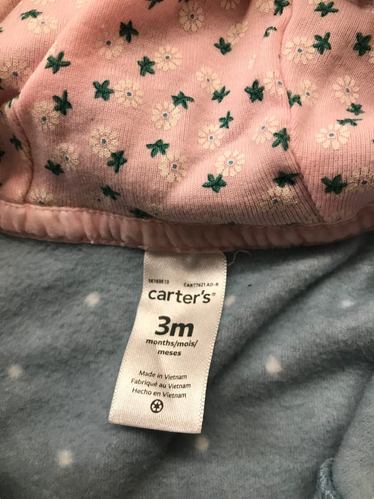 3 Months Carter's Blue Pink Fleece Zip Up One Piece Hooded Fox Polka Dots