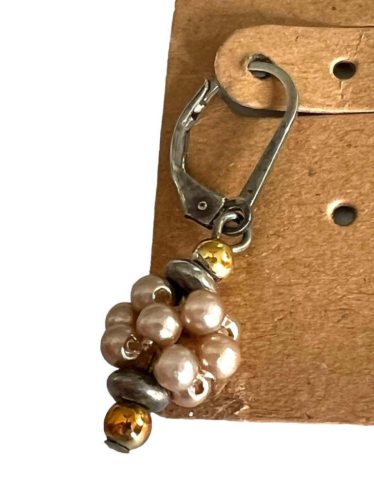 Faux Pearl Cluster Dangle Earrings Silvertone Metal Pierced