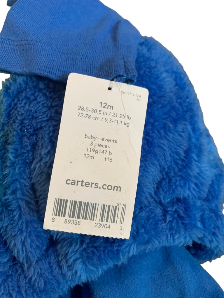 12 Months Carter's Blue Baby Monster 3 Piece Costume New Plush Hooded Jacket