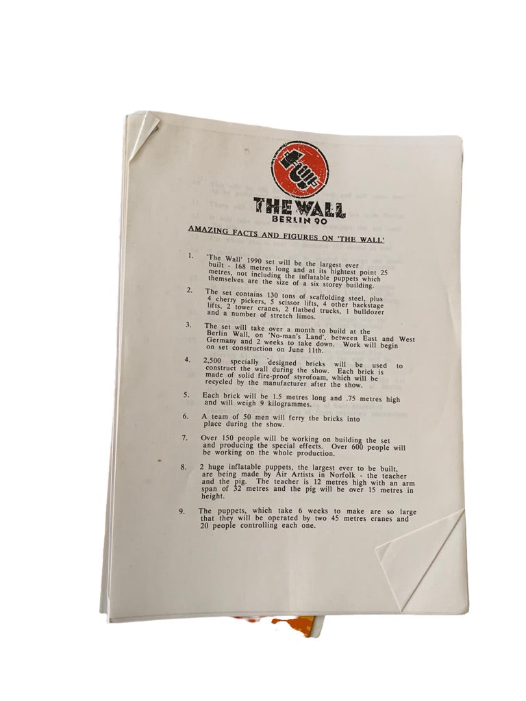 Roger Waters 1990 The Wall Concert Program Book Memorial Fund for Disaster Relief