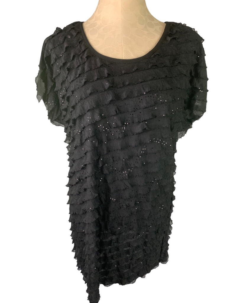 Large Antthony Women's New Black Short Sleeve Ruffle Sparkle Pullover Blouse