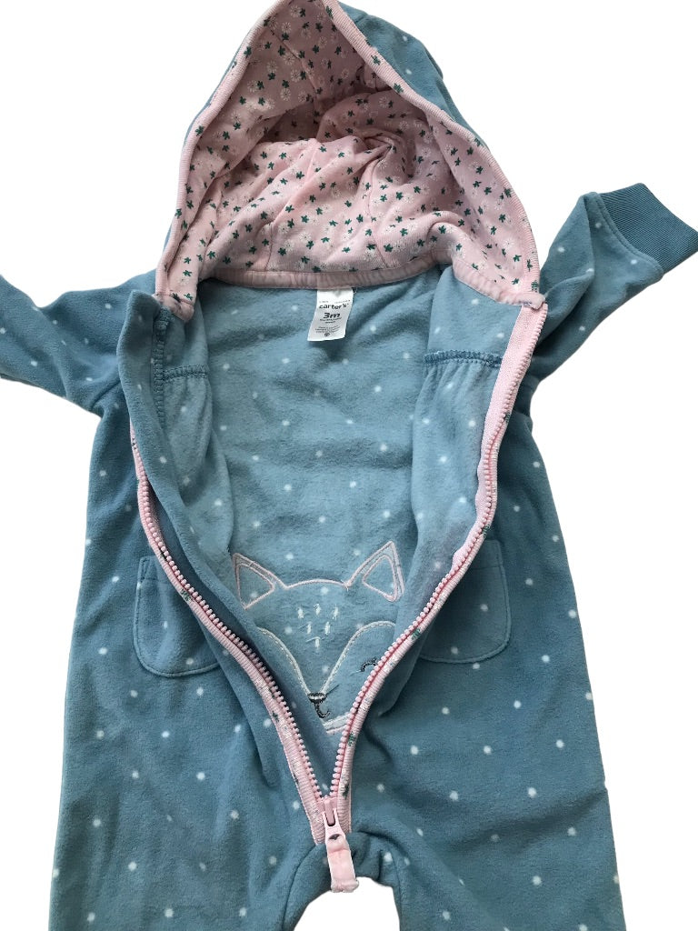 3 Months Carter's Blue Pink Fleece Zip Up One Piece Hooded Fox Polka Dots