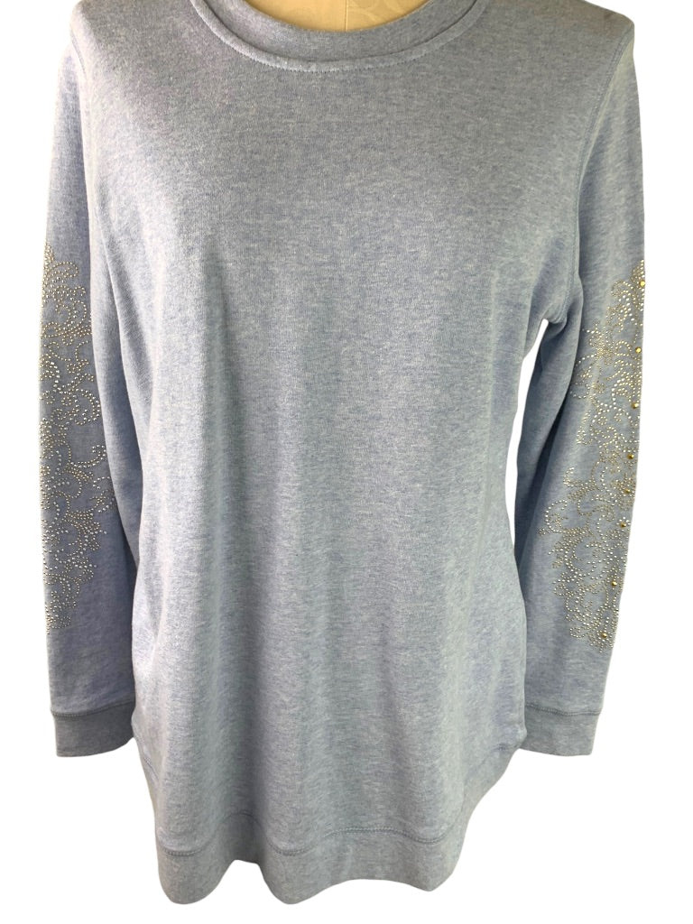 Medium DG2 by Diane Gilman Women's Heather Blue Embellished Sleeve Sweatshirt Pullover