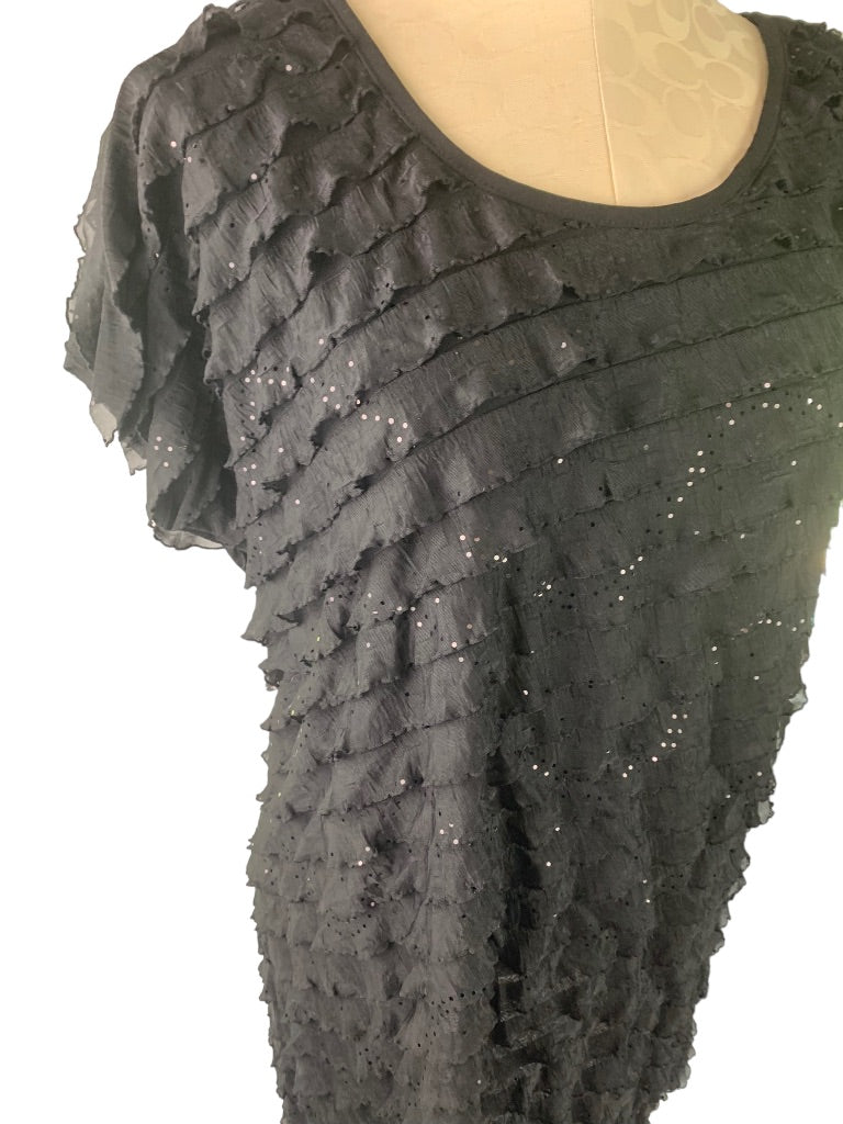 Large Antthony Women's New Black Short Sleeve Ruffle Sparkle Pullover Blouse