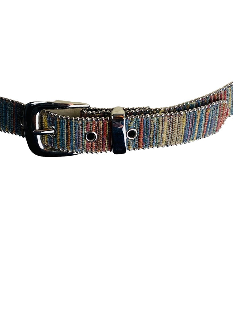 Small Elite Women's 1"w Belt Fabric with Silvertone Beaded Trim Made in USA