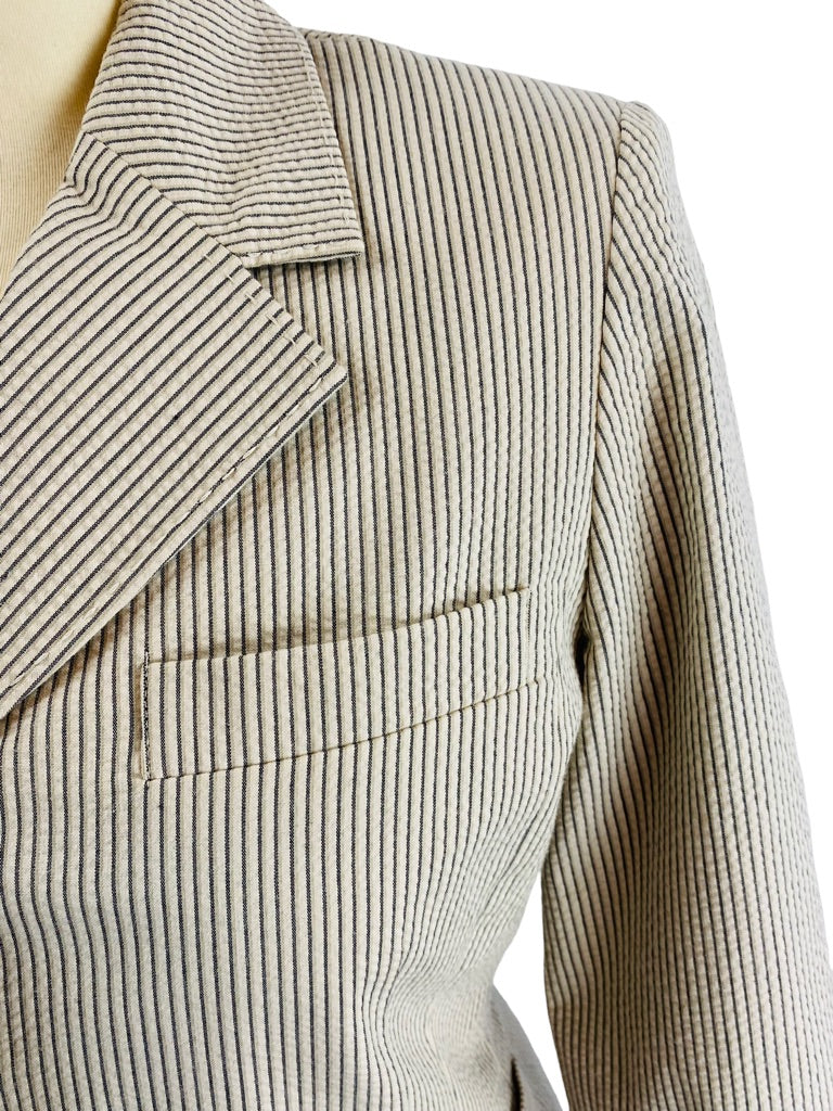 4 AK Anne Klein Stretch Women's 3 Button Lined Tan Seersucker Blazer