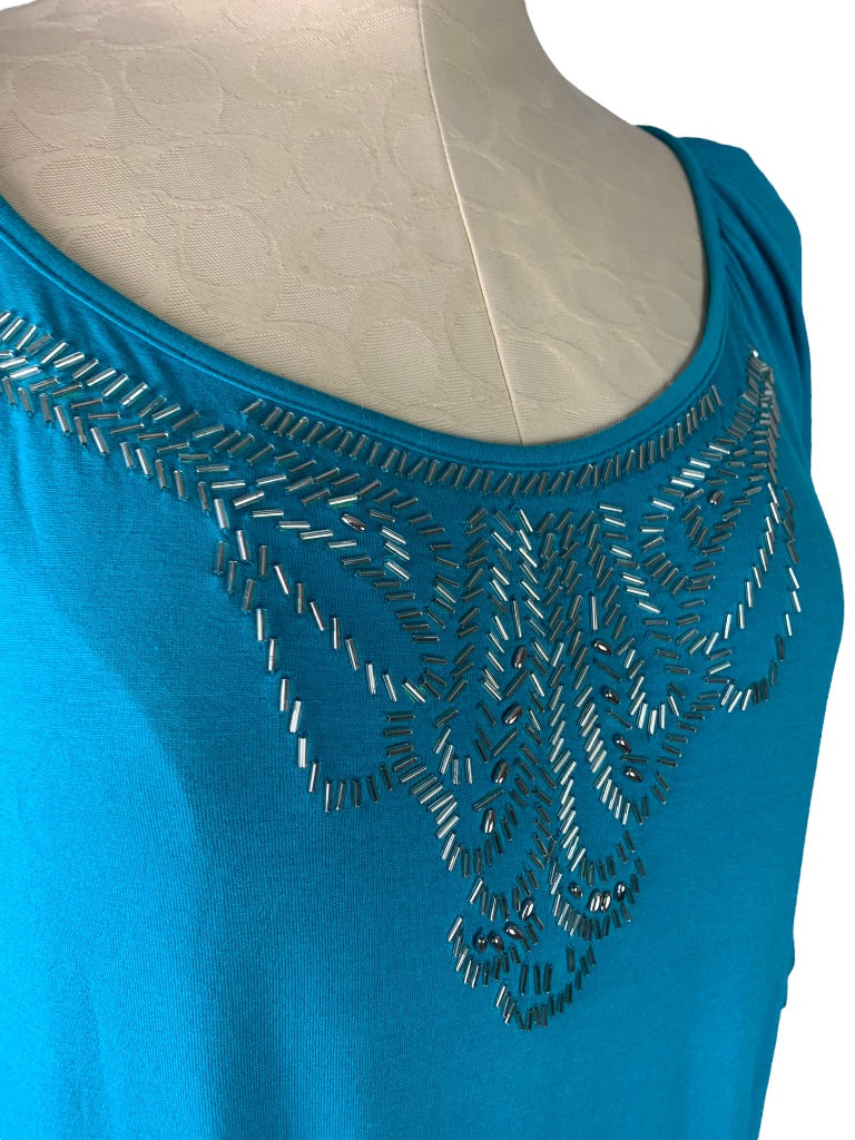 14 Lane Bryant Teal Beaded Neckline Soft 3/4 Sleeve Blouson Jersey Knit Top