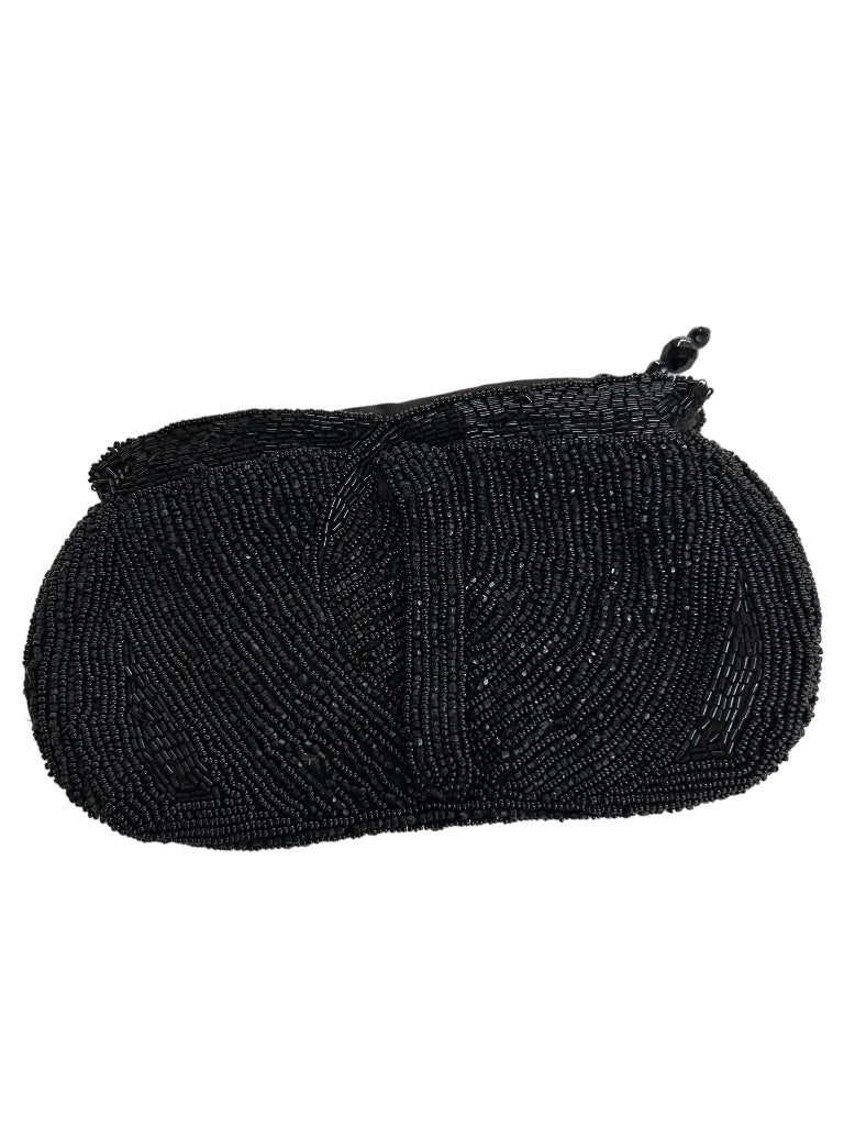 Small Vintage Black Clutch Zip Top Beaded Black Bag with Hand Strap