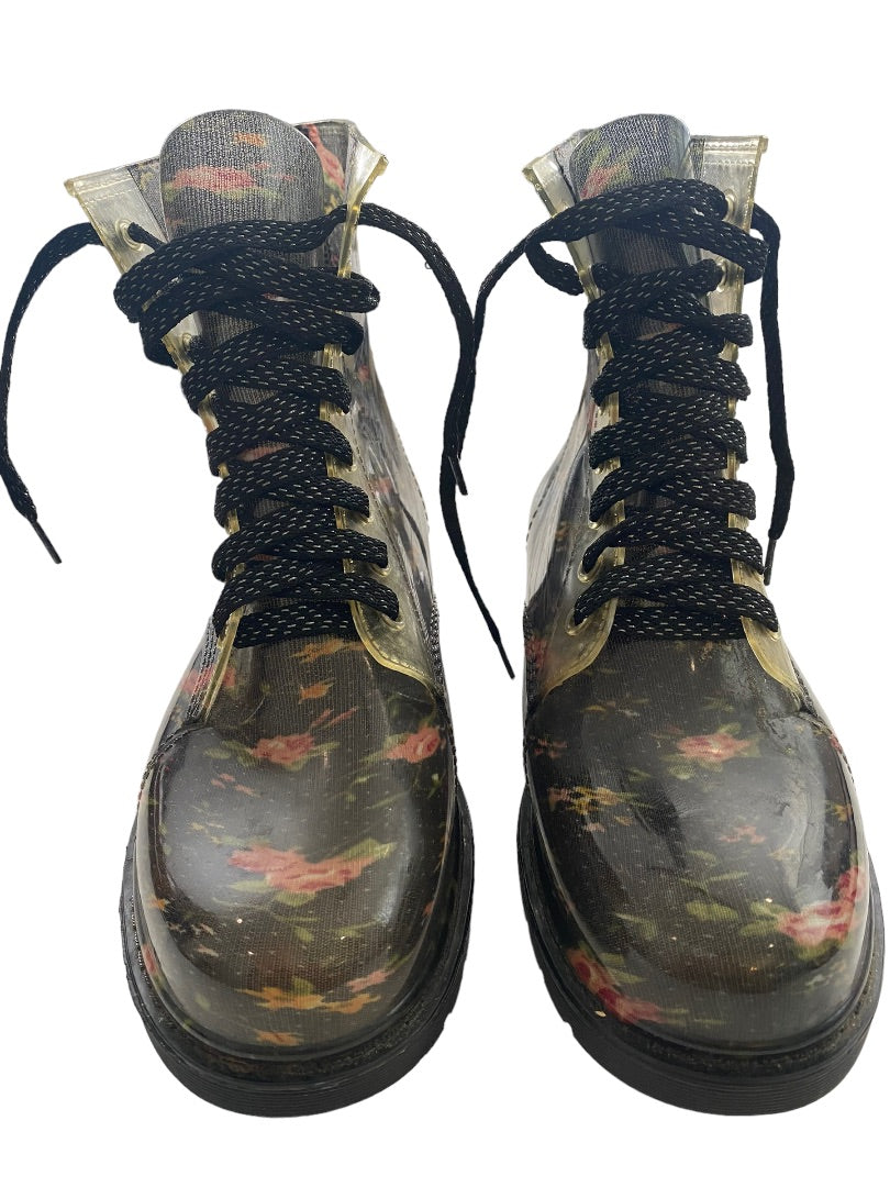 8 Bongo Floral Lace Up Lug Sole Boots Clear Rubber Coating