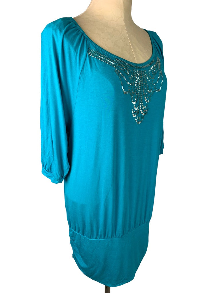 14 Lane Bryant Teal Beaded Neckline Soft 3/4 Sleeve Blouson Jersey Knit Top