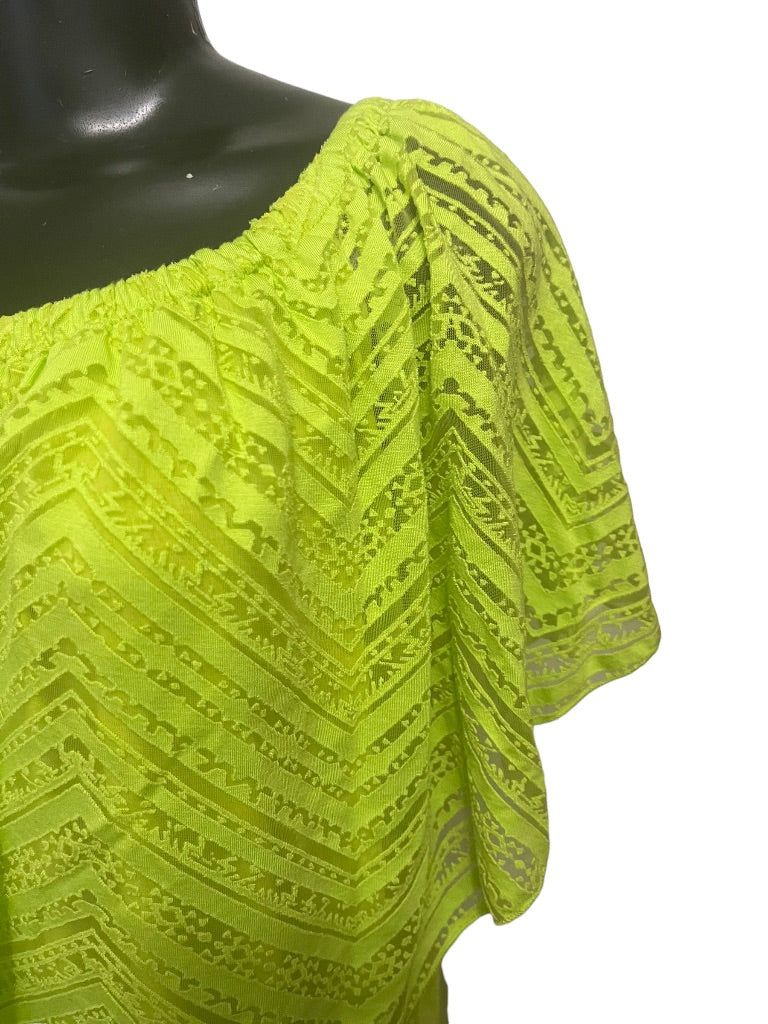 18/20 Avenue Women's Neon Green Burnout Shirt Lined Off Shoulder