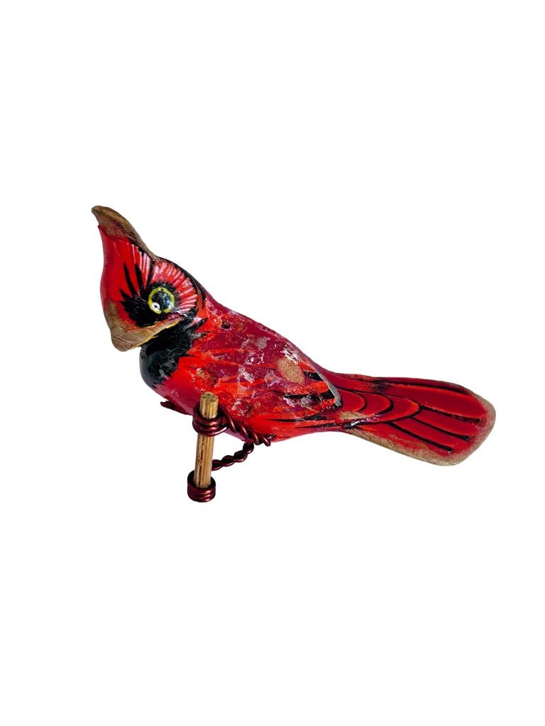 Vintage Wooden Cardinal Brooch 2.25" Painted on Perch Figural