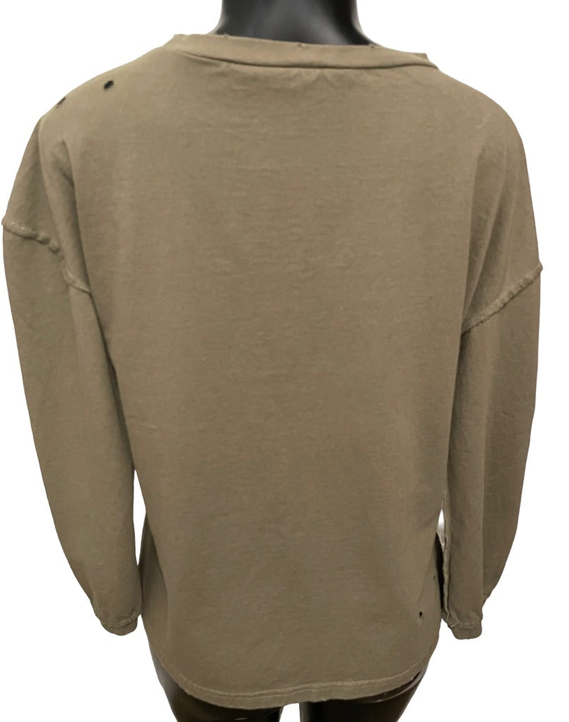 Medium Glam Los Angeles Long Sleeve Distressed Womens Top Olive Green High Low Hem
