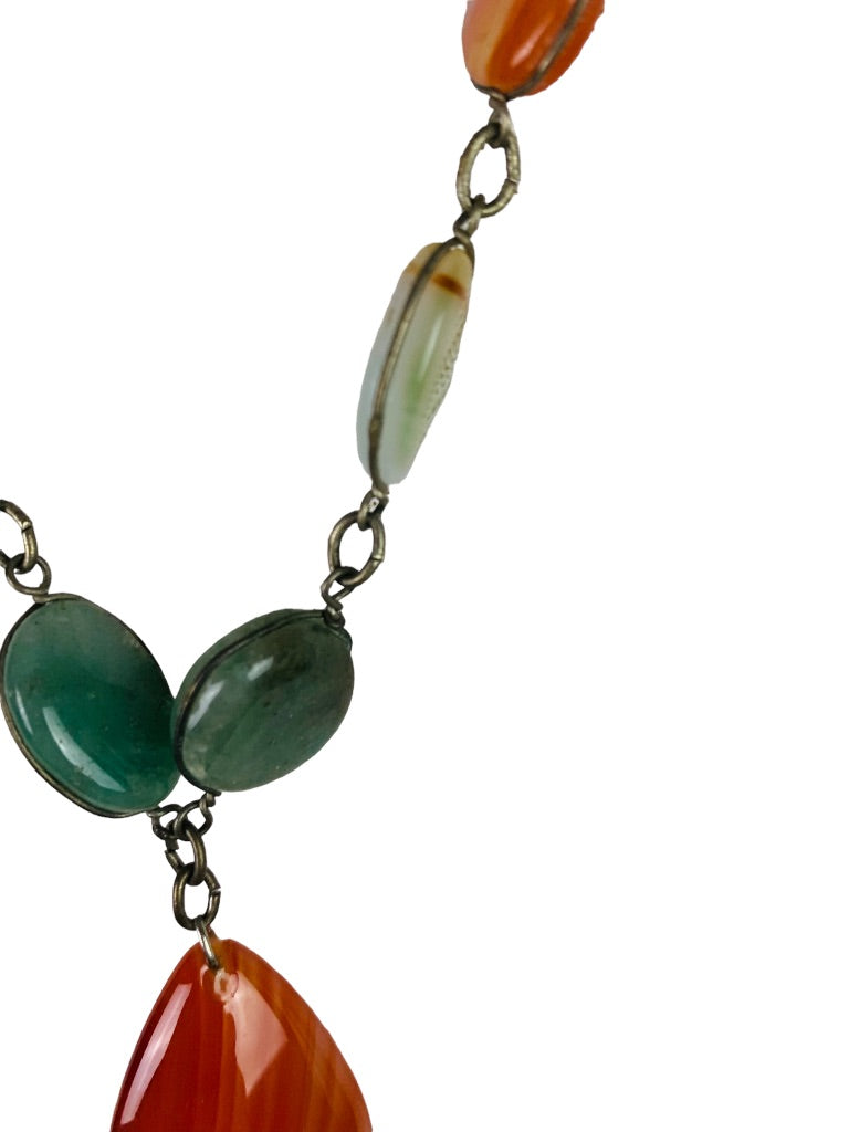 Vintage 28" StoneSilvertone Necklace Overhead Orange Green Natural Stone