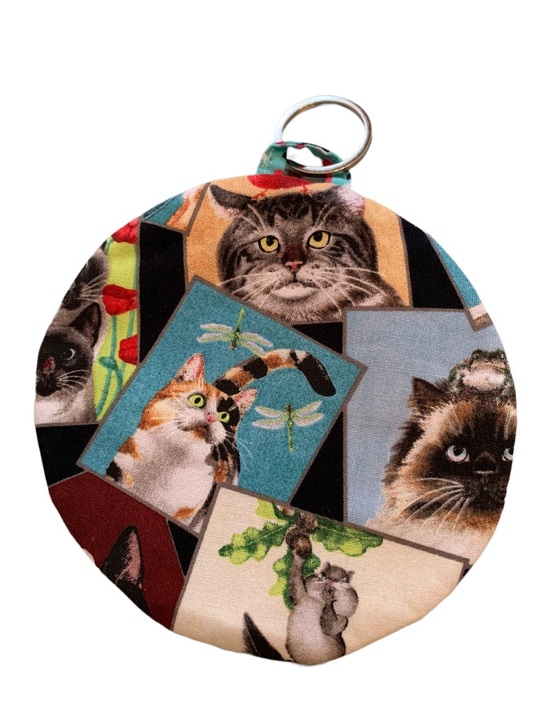 Cat Theme Fabric Keyring Change Purse Zip 5.5" Diameter