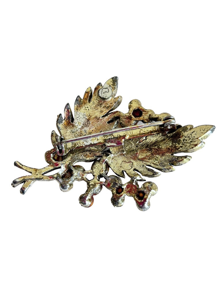 Vintage Goldtone Double Leaf Brooch Pin with Faux Pearl Details 2.25"