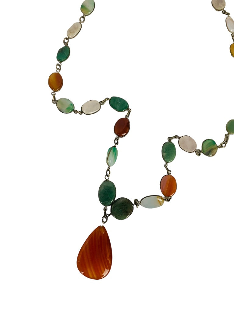 Vintage 28" StoneSilvertone Necklace Overhead Orange Green Natural Stone