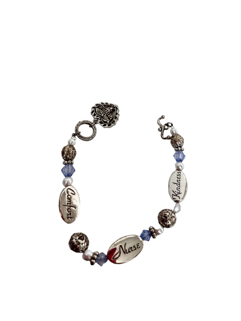 Nurse Silvertone Beaded 7.5" Bracelet Toggle Clasp Kindness Comfort