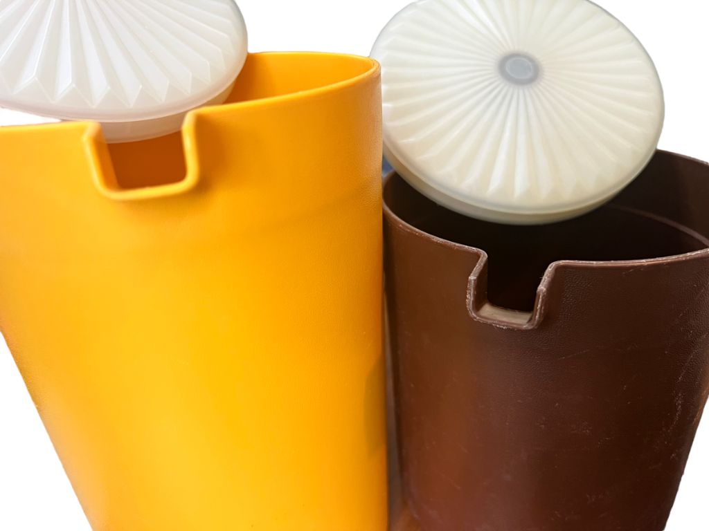 Vintage Yellow Apricot Tupperware 2 Quart Brown 1.5 qt Pitchers Push Button Lids