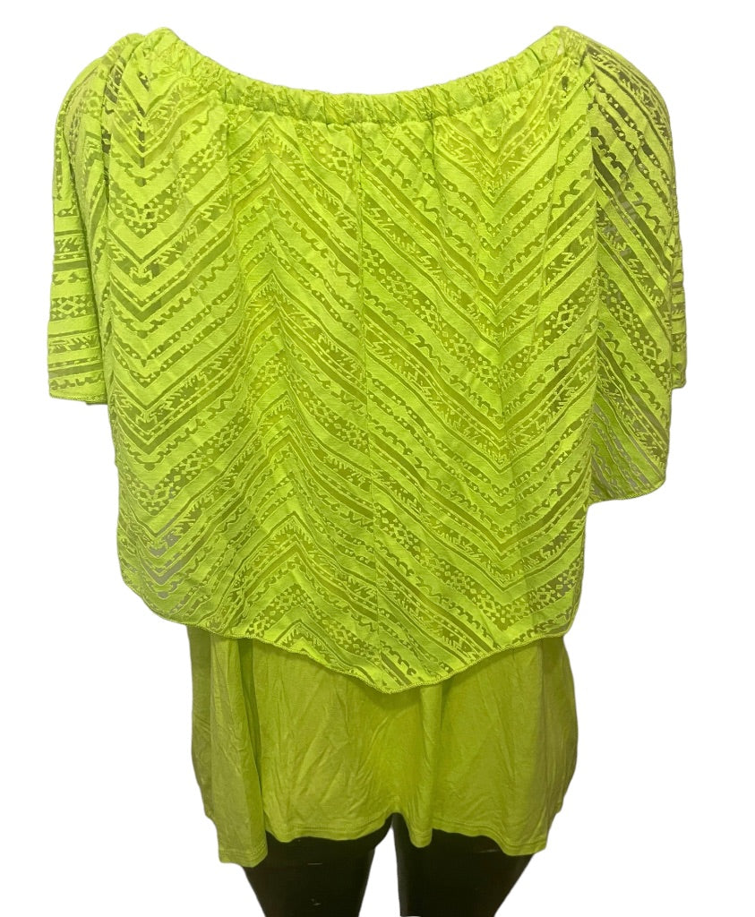 18/20 Avenue Women's Neon Green Burnout Shirt Lined Off Shoulder