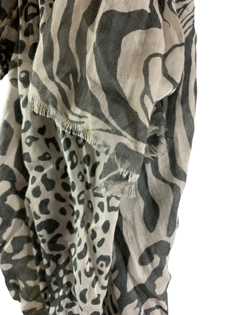 Chico's Lightweight Rayon Gray Mixed Animal Print Scarf Raw Edge 30" x 70"